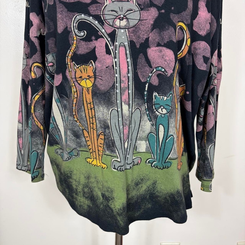 Jess & Jane Rhinestone Kitty Cat Top XL Whimsy Eclectic - Picture 3 of 6